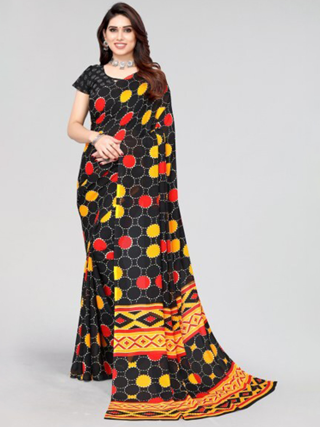 

Yashika Black & Yellow Geometric Printed Saree