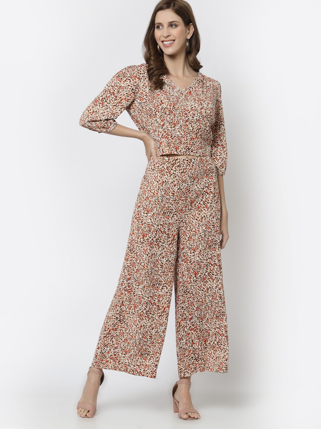 

Mafadeny Women Brown Printed Top with Palazzos