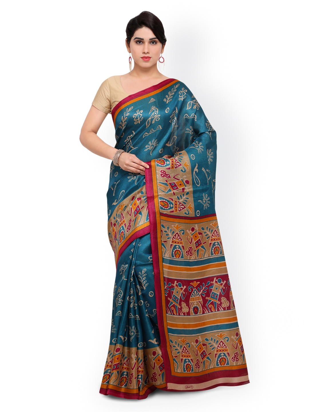 

Saree mall Teal Blue Art Silk Printed Khadi Saree