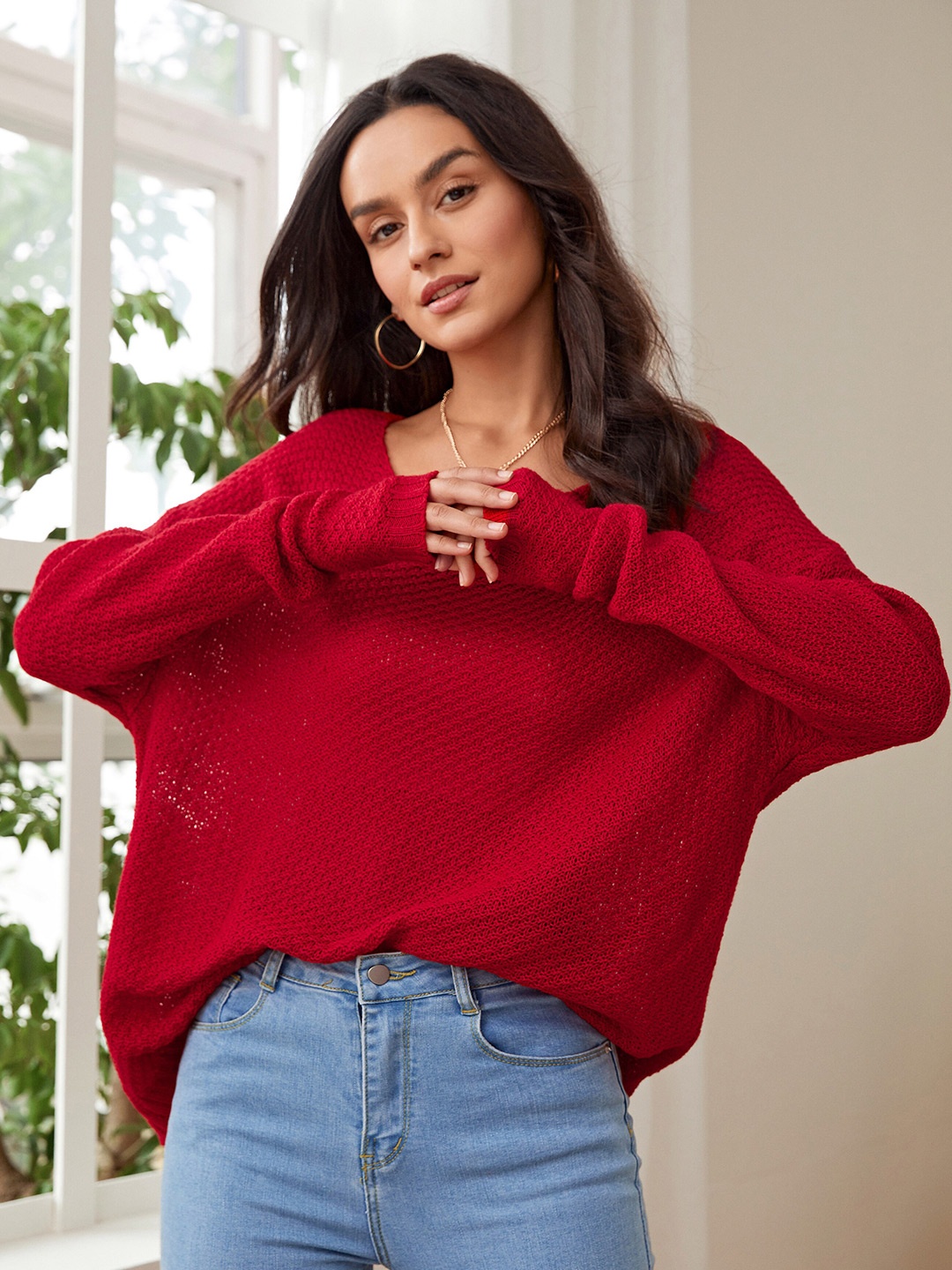 

URBANIC Women Solid Longline Pullover, Red