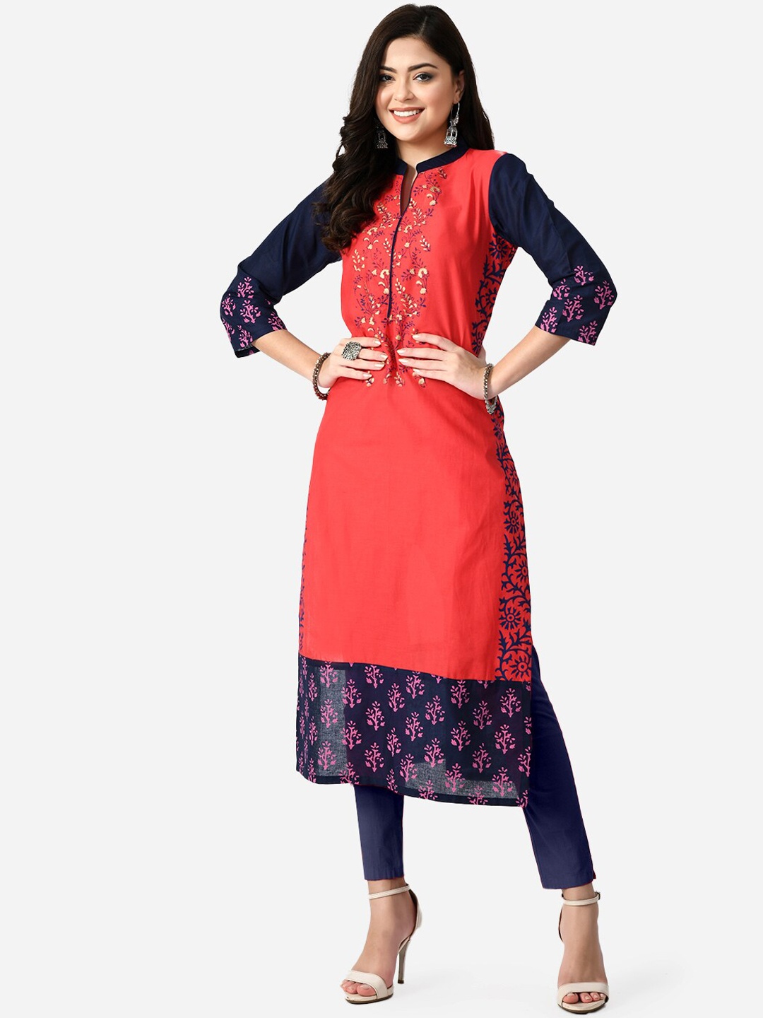 

RIYA Women Red & Navy Blue Floral Printed Cotton Kurta