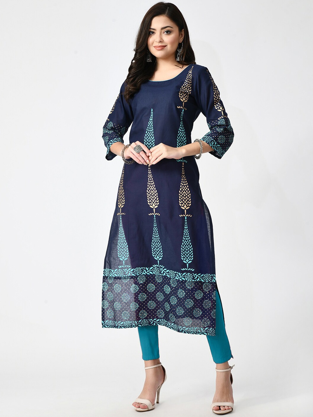 

RIYA Women Blue Ethnic Motifs Printed Cotton Kurta
