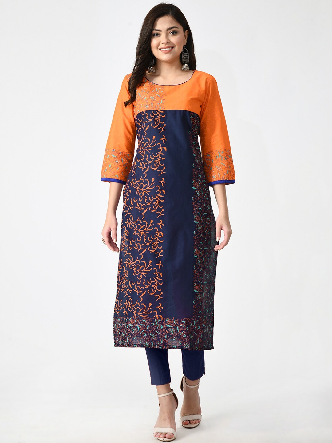 

RIYA Women Orange & Navy Blue Floral Block Printed Cotton Kurta