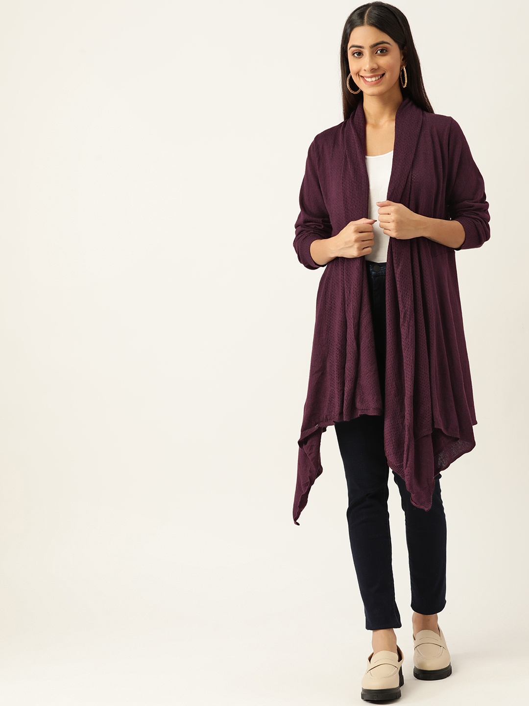 

American Eye Women Burgundy Solid Acrylic Front-Open Longline Sweater