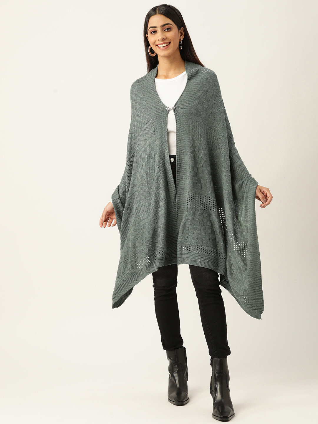 

American Eye Women Green Acrylic Self-Design Front Open Sweater