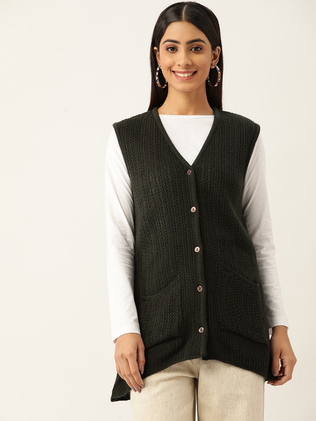 

American Eye Women Olive Green Woolen Longline Cardigan
