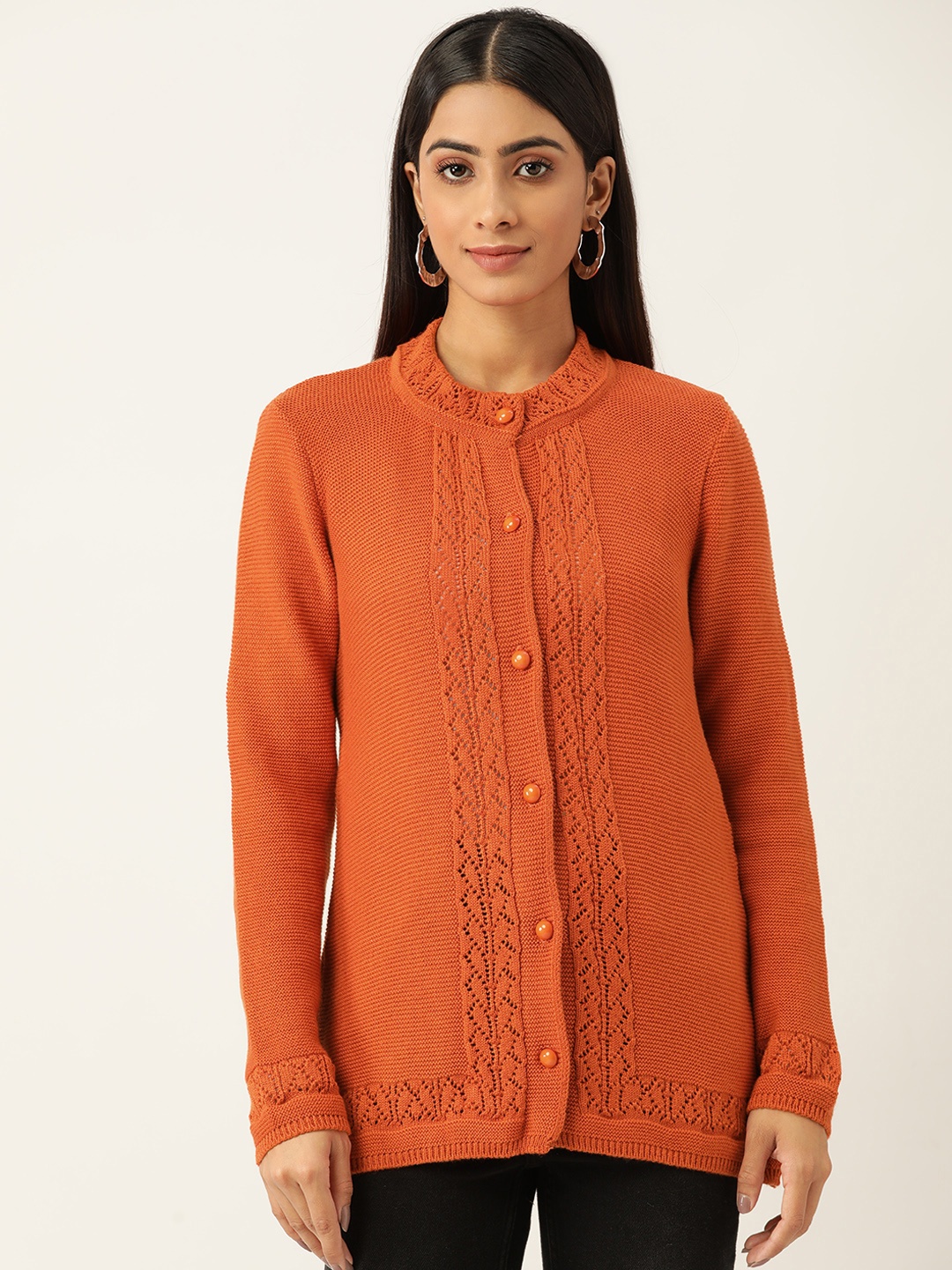 

American Eye Women Orange Acrylic Solid Cardigan