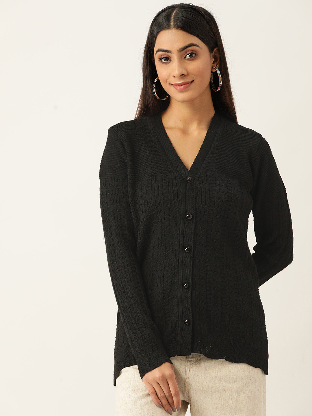 

American Eye Women Black Self-Design Acrylic Cable Knit Cardigan