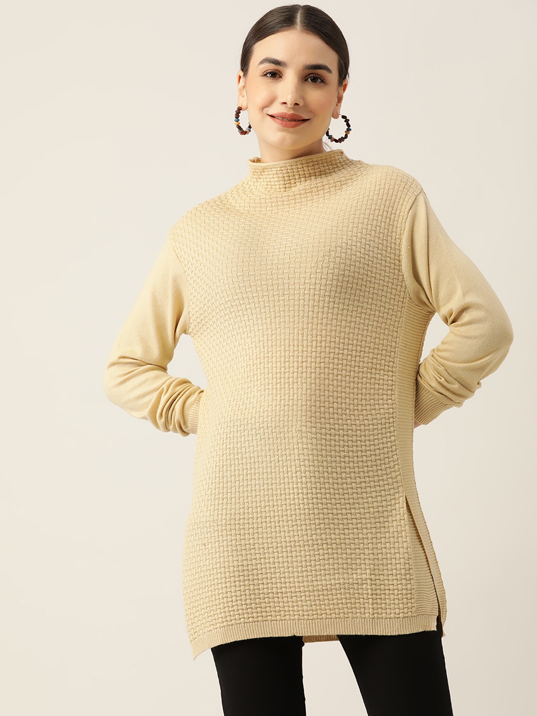 

American Eye Women Beige Textured Turtle Neck Longline Sweater