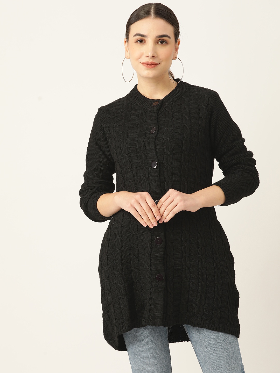 

American Eye Women Black Cable Knit Acrylic Winter Longline Sweater