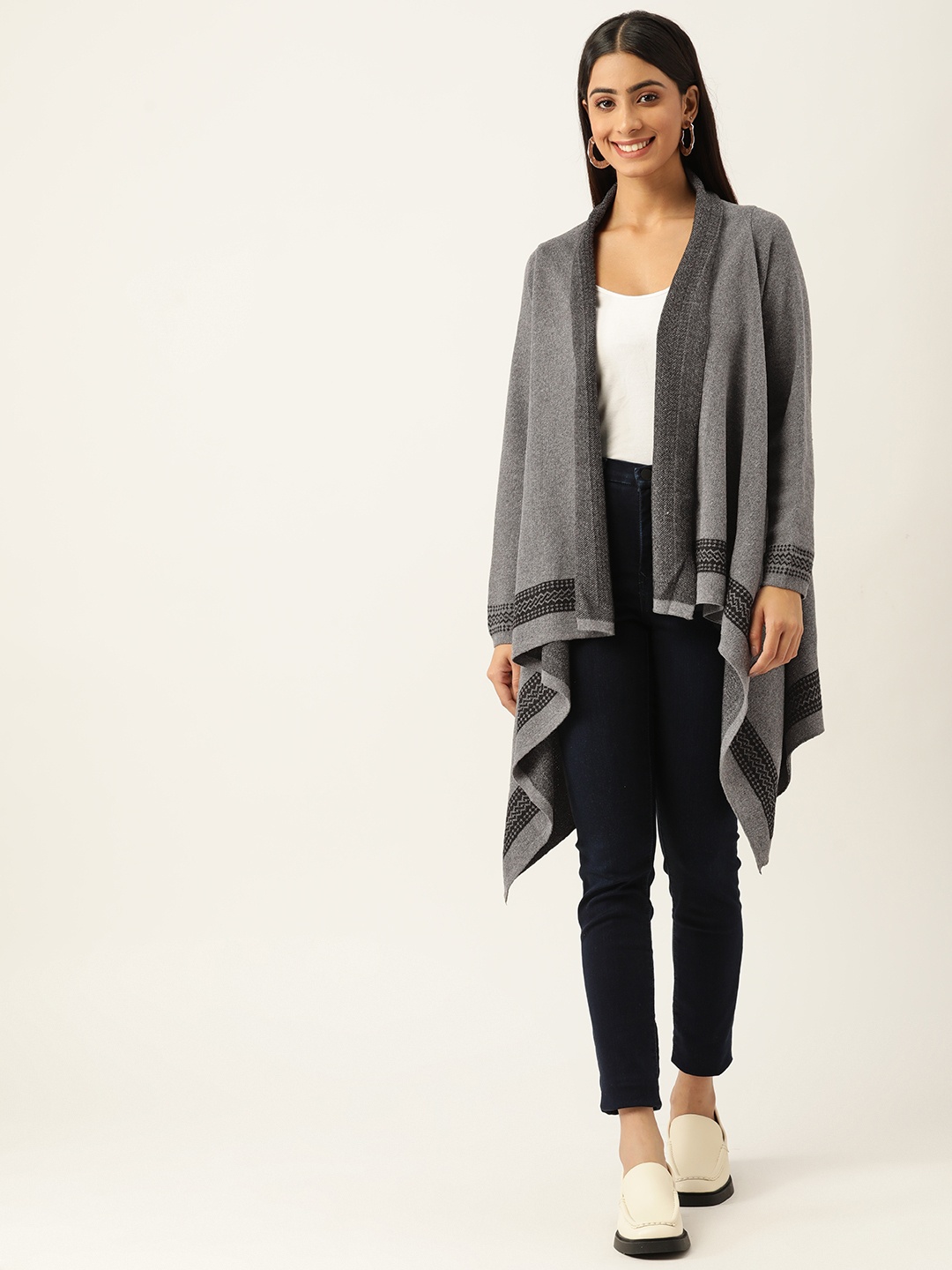 

American Eye Women Grey Melange Acrylic Solid Front-Open Sweater