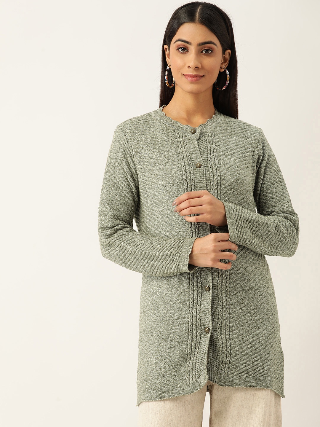 

American Eye Women Green Striped Acrylic Longline Cardigan