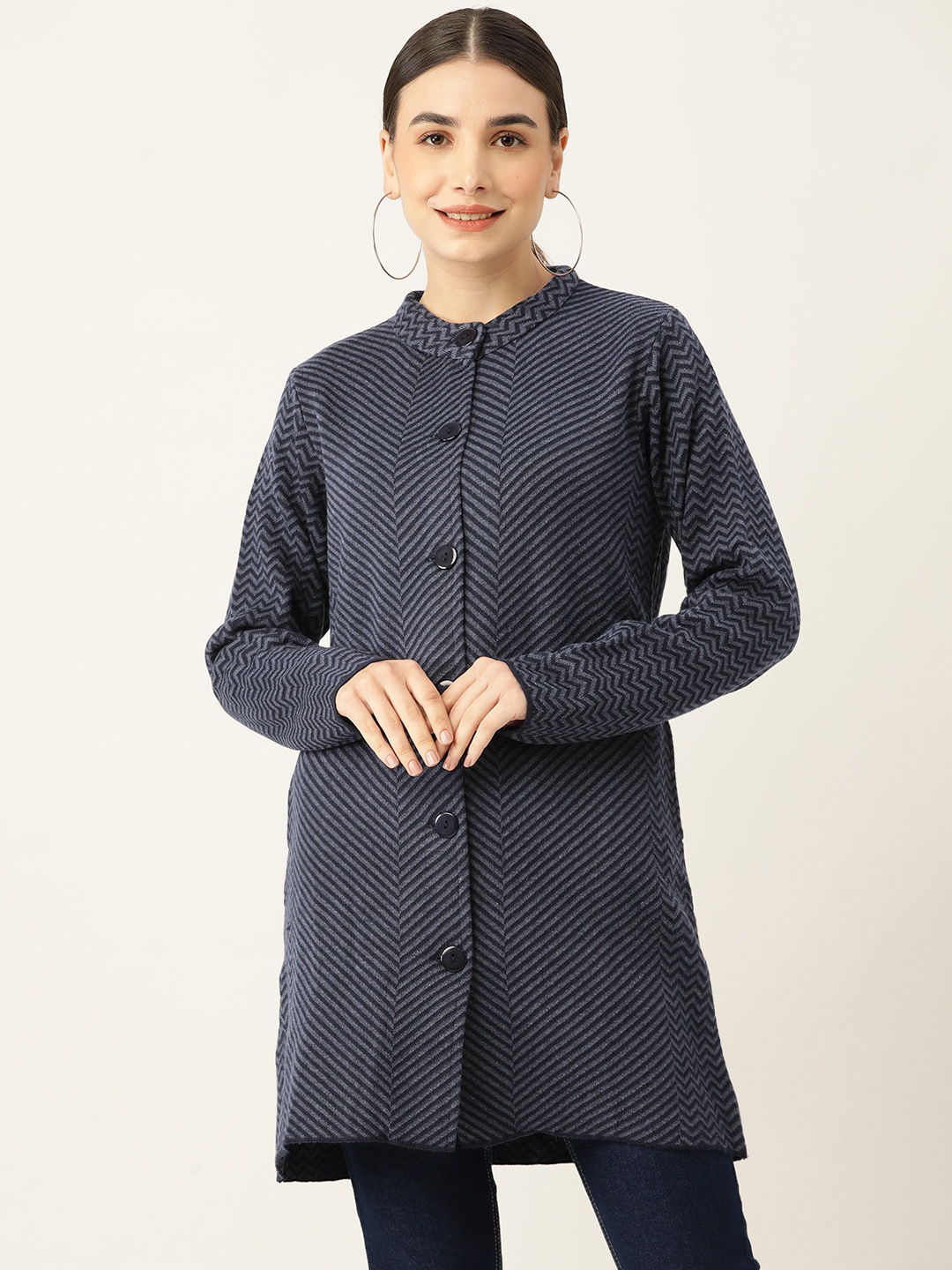 

American Eye Women Navy Blue Acrylic Chevron Design Longline Cardigan