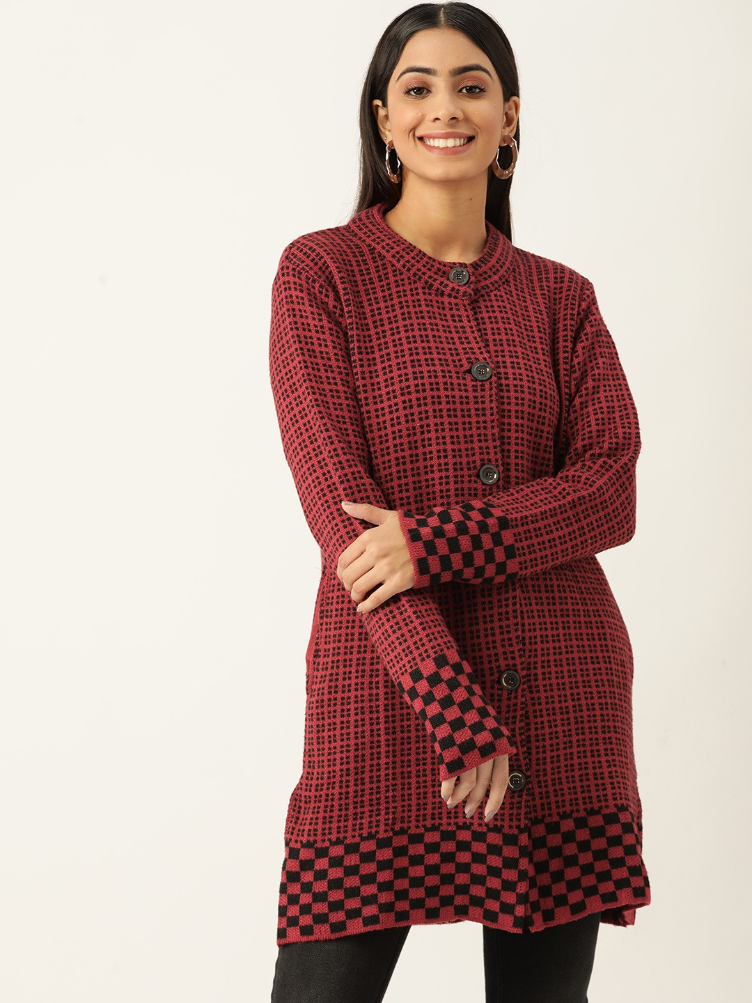 

American Eye Women Maroon & Black Acrylic Self-Design Longline Cardigan
