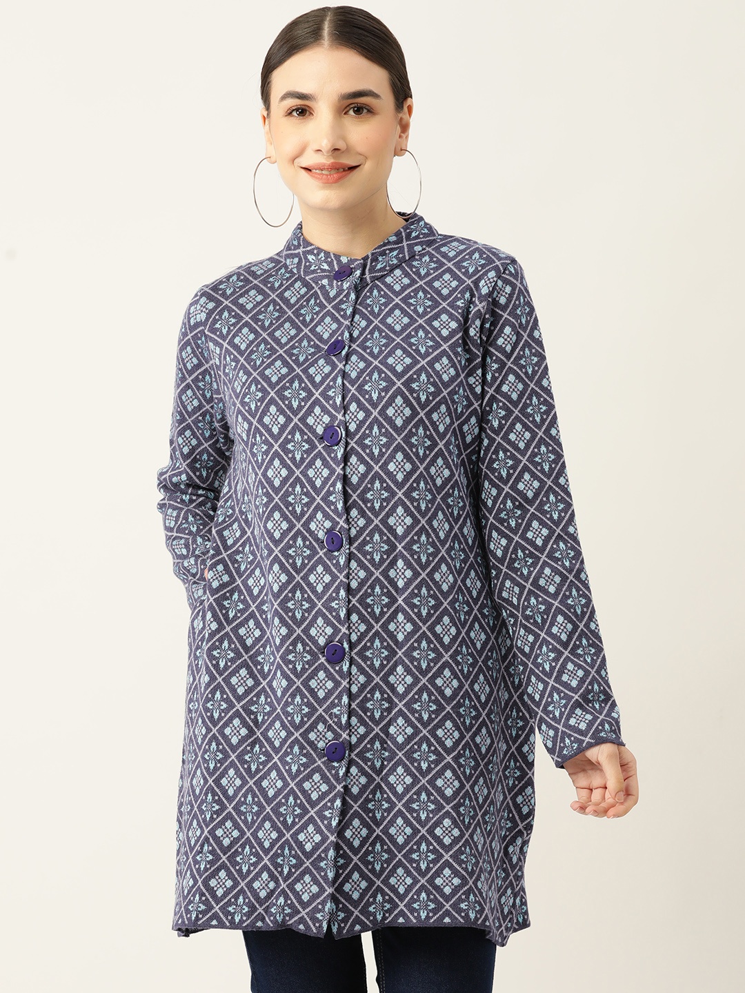 

American Eye Women Blue Self-Design Acrylic Longline Cardigan