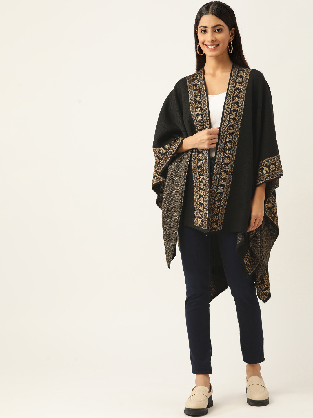 

American Eye Women Black & Beige Acrylic Self-Design Longline Front-Open Sweater