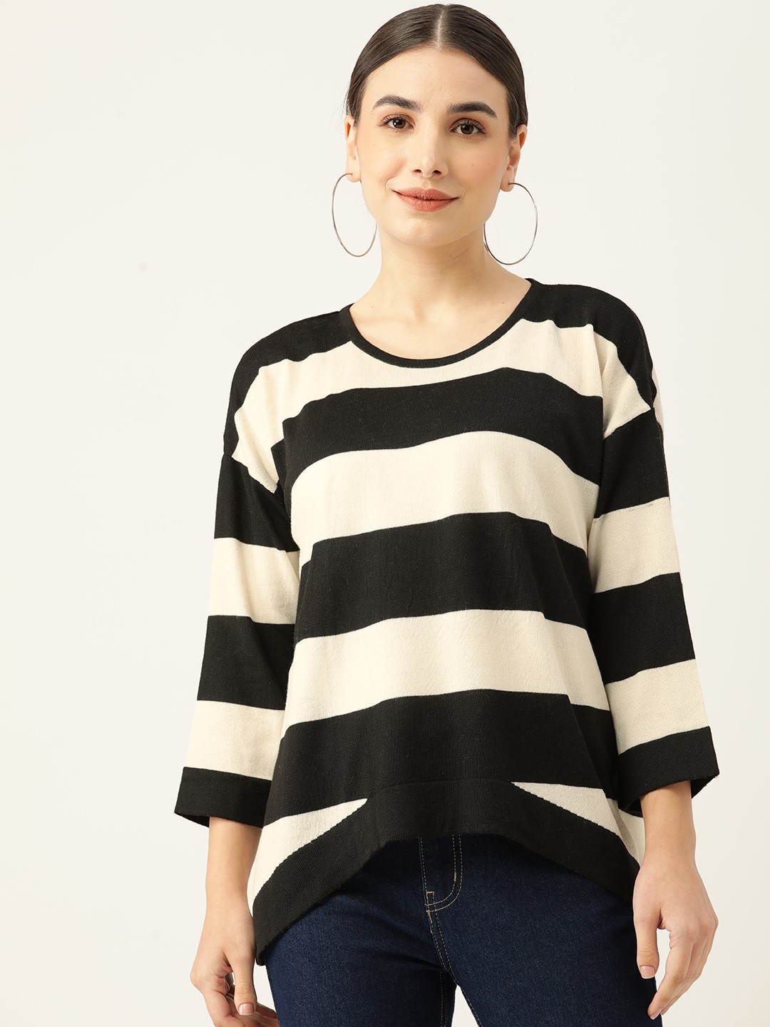 

American Eye Women Black & Off White Striped Acrylic Pullover