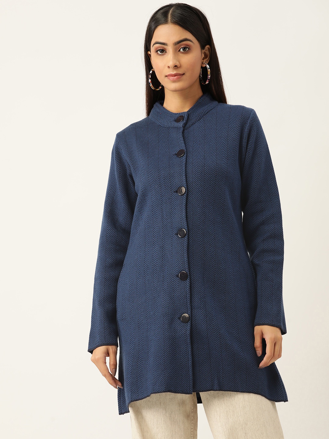 

American Eye Women Navy Blue Woolen Striped Longline Cardigan