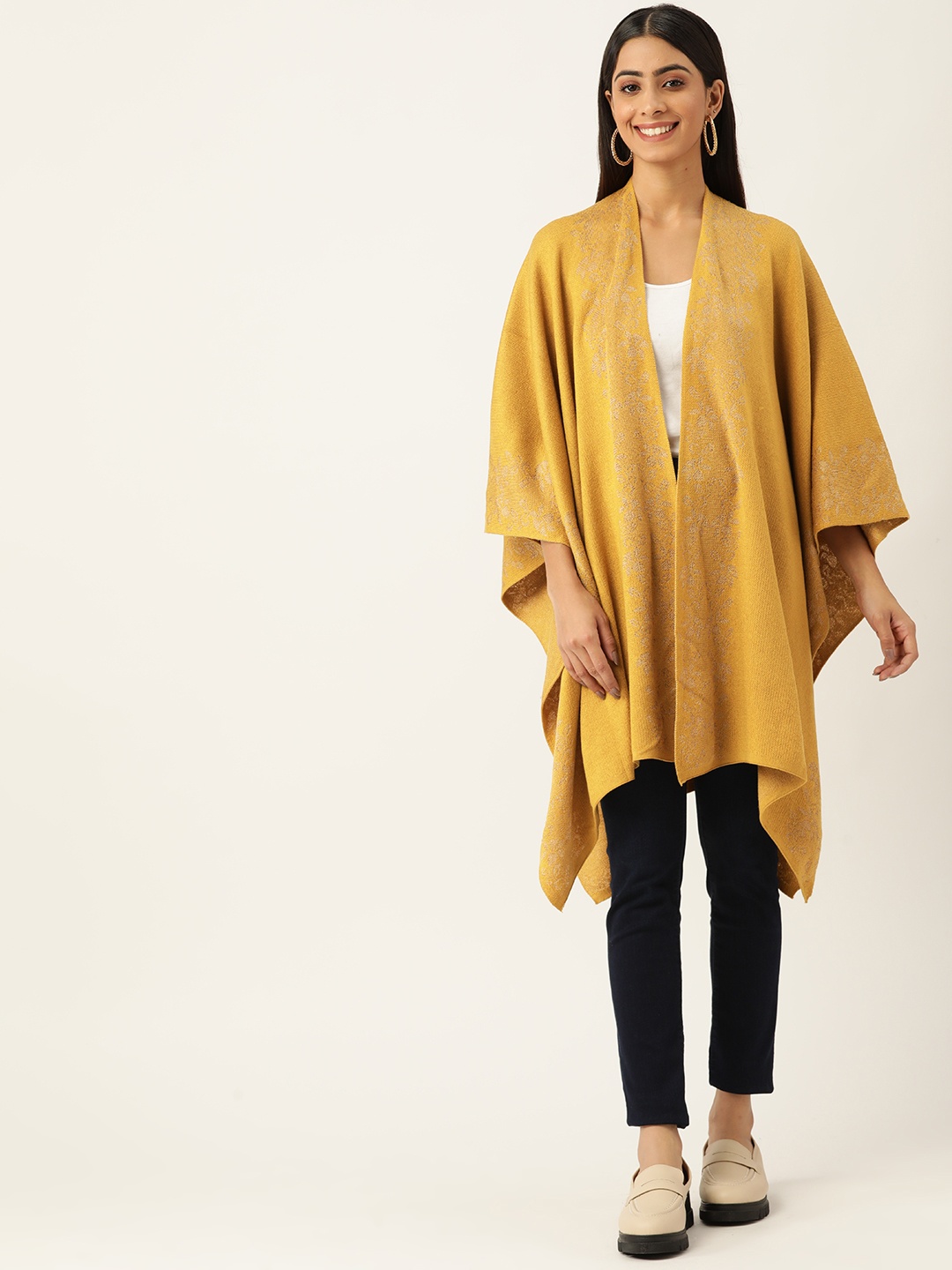 

American Eye Women Mustard Yellow & Beige Acrylic Self-Design Longline Front-Open Sweater