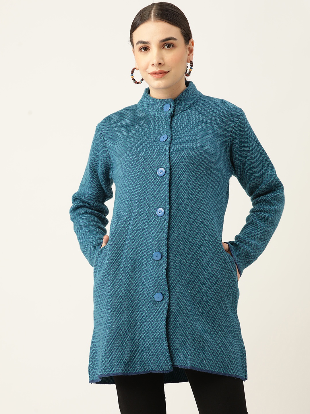 

American Eye Women Teal Blue Self-Design Longline Cardigan