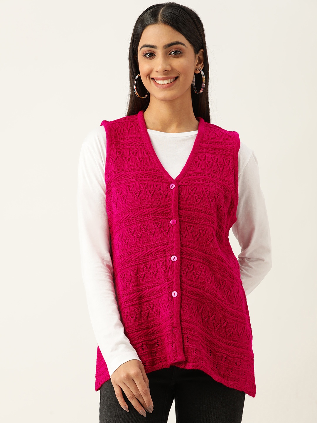 

American Eye Women Pink Acrylic Self-Design Cardigan