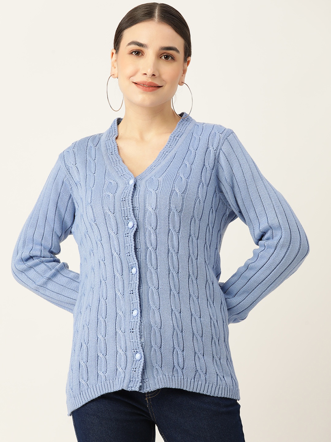 

American Eye Women Blue Acrylic Cable Knit Cardigan