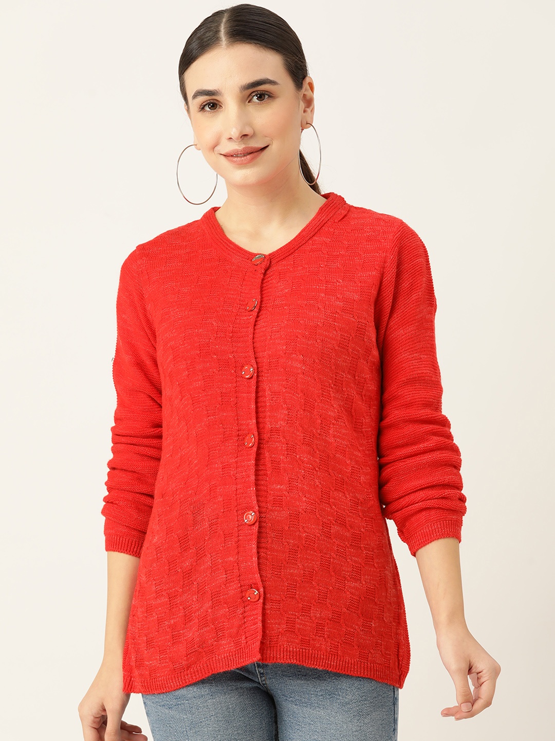 

American Eye Women Red Acrylic Self-Design Cardigan