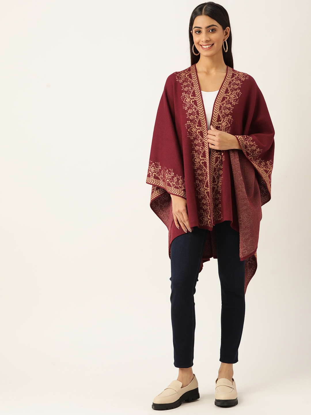 

American Eye Women Maroon & Beige Acrylic Self-Design Longline Front-Open Sweater