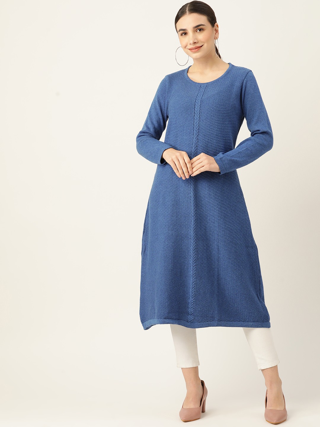 

American Eye Women Blue Solid A-Line Acrylic Winter Kurta
