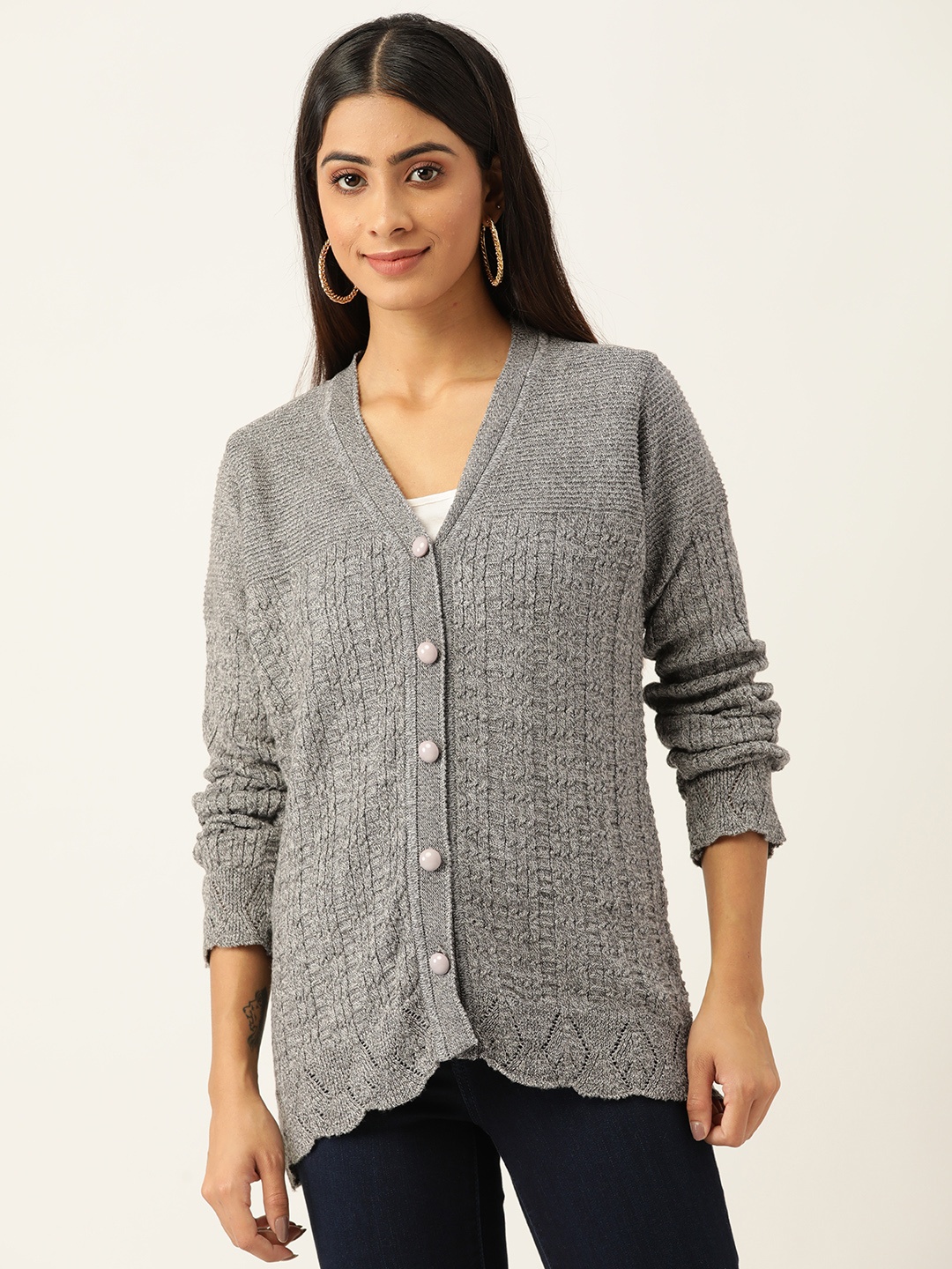 

American Eye Women Grey Acrylic Self-Design Cardigan