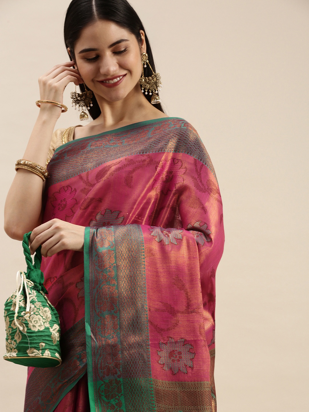 

Pothys Pink & Green Floral Jute Silk Saree