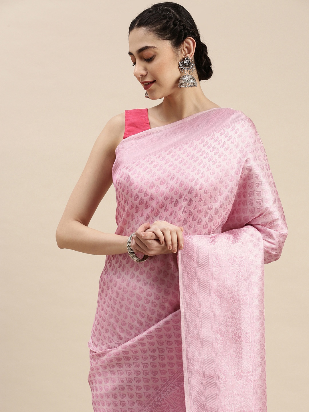 

Pothys Pink Ethnic Design Art Silk Banarasi Saree