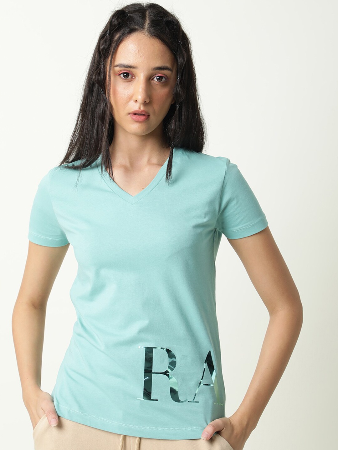 

RAREISM Women Typography V-Neck Slim Fit Cotton T-shirt, Green