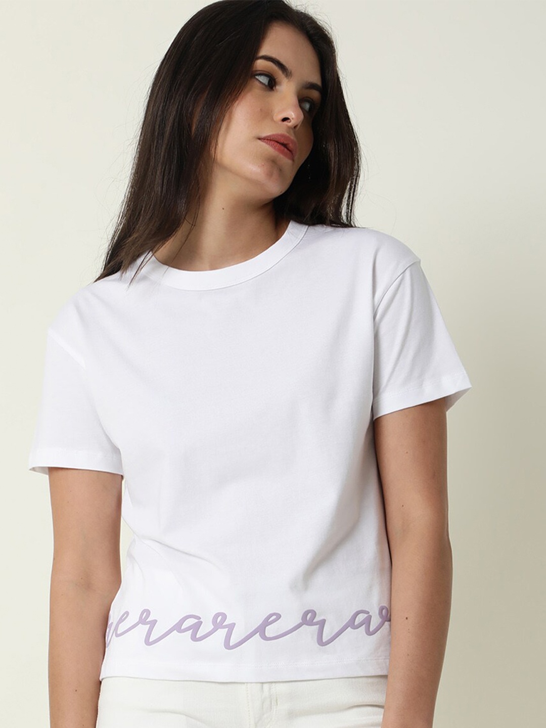 

RAREISM Women Typography Printed Round Neck Slim Fit Cotton T-shirt, White