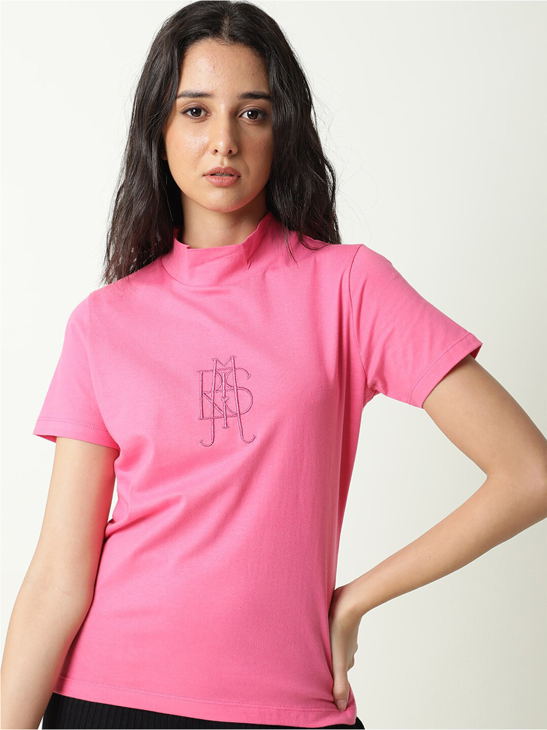 

RAREISM Women Typography Printed High Neck Slim Fit Cotton T-shirt, Pink