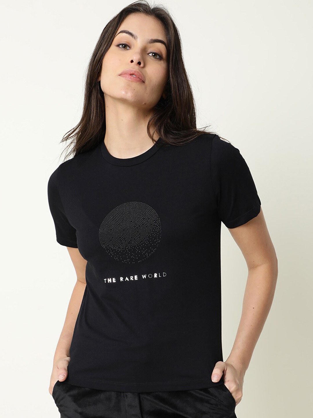 

RAREISM Women Printed Round Neck Slim Fit Cotton T-shirt, Black