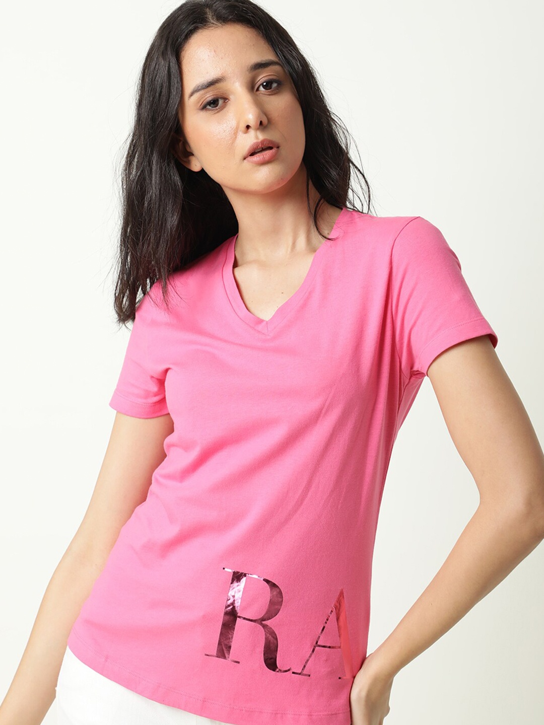 

RAREISM Women Typography Printed V-Neck Slim Fit Cotton T-shirt, Pink