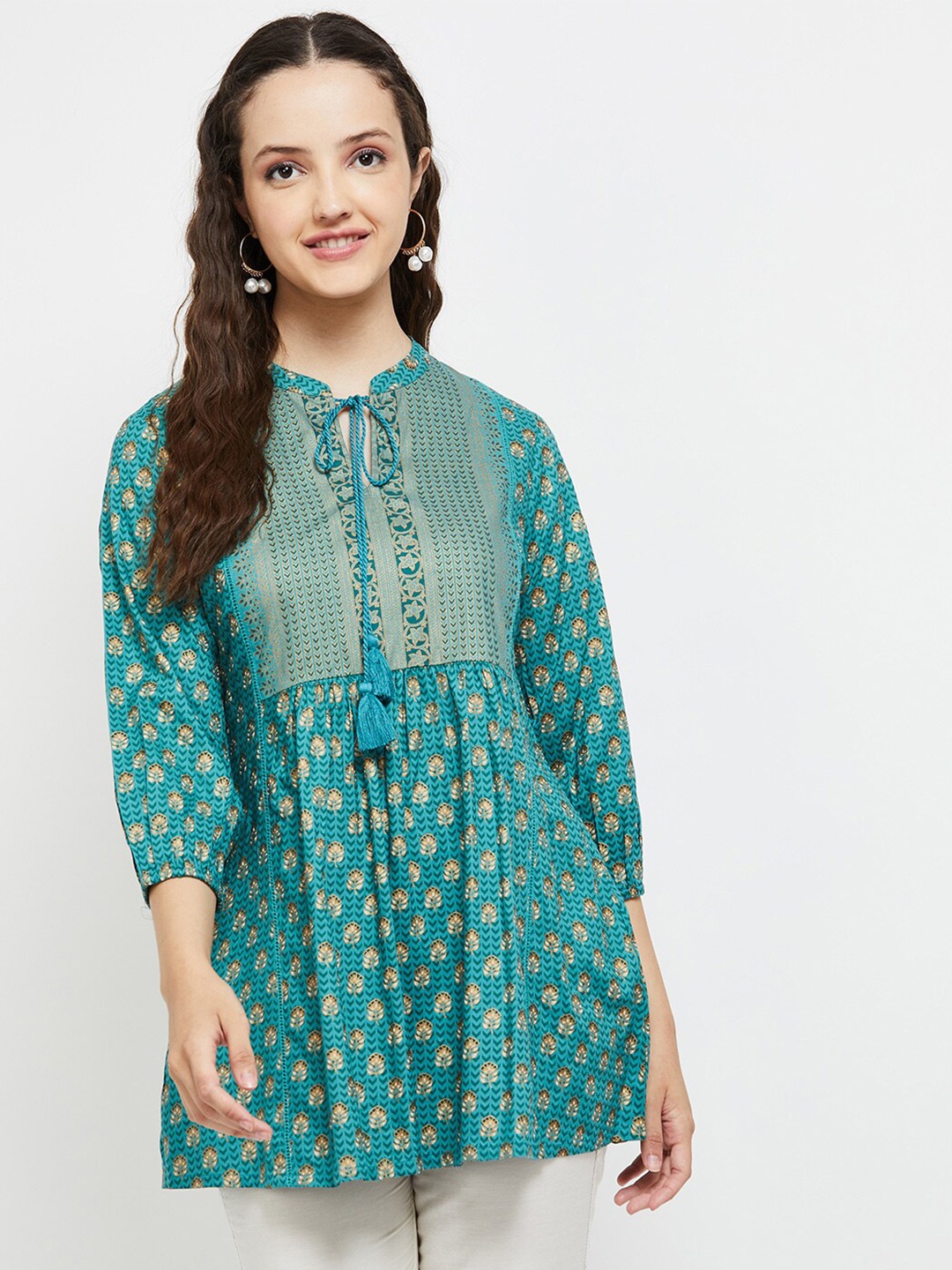 

max Women Floral Printed Mandarin Collar Tunic, Blue