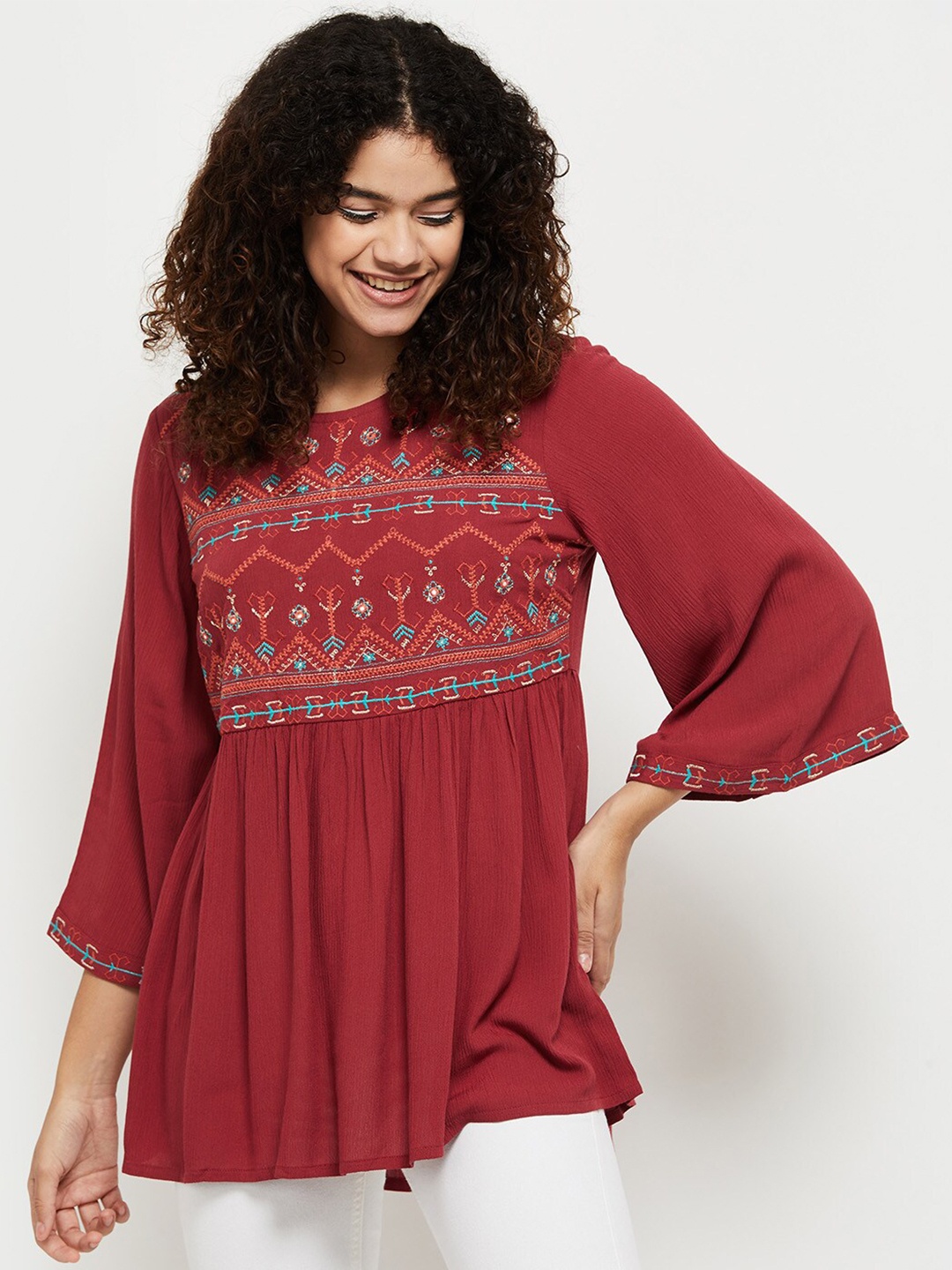 

max Women Embroidered Flared Sleeves Tunic, Burgundy