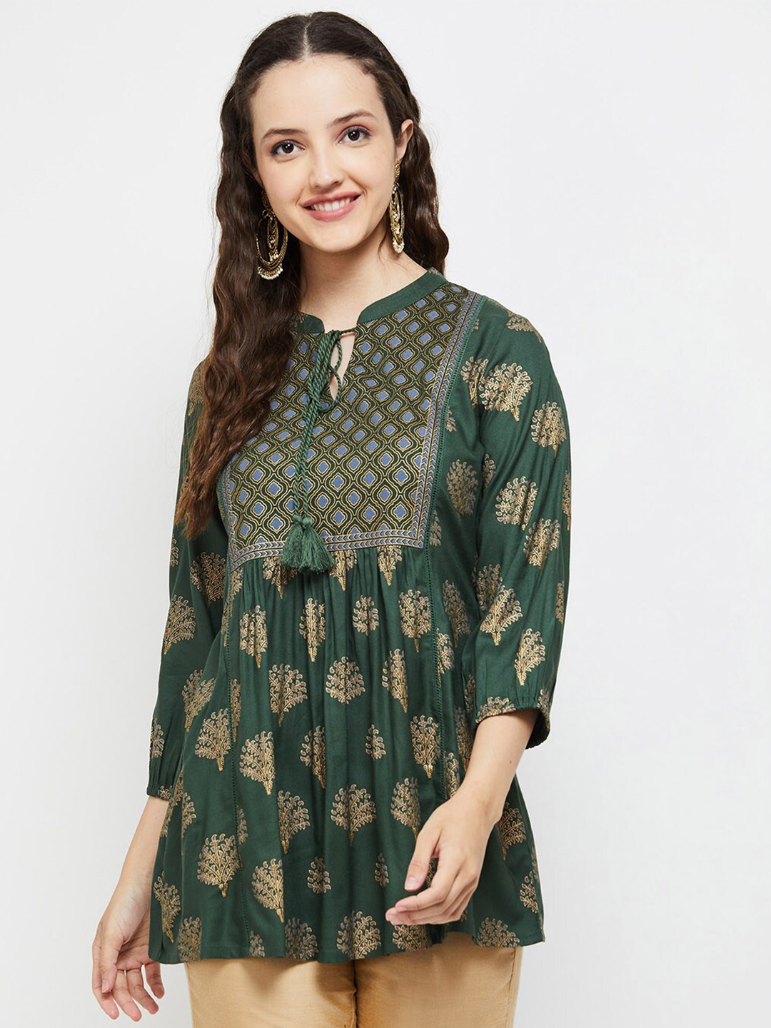 

max Women Ethnic Printed Mandarin Collar Tunic, Green
