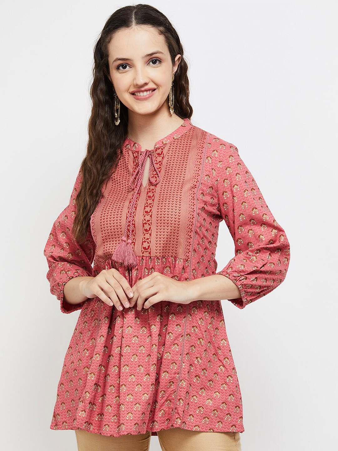 

max Women Floral Printed Mandarin Collar Tie Up Tunic, Pink