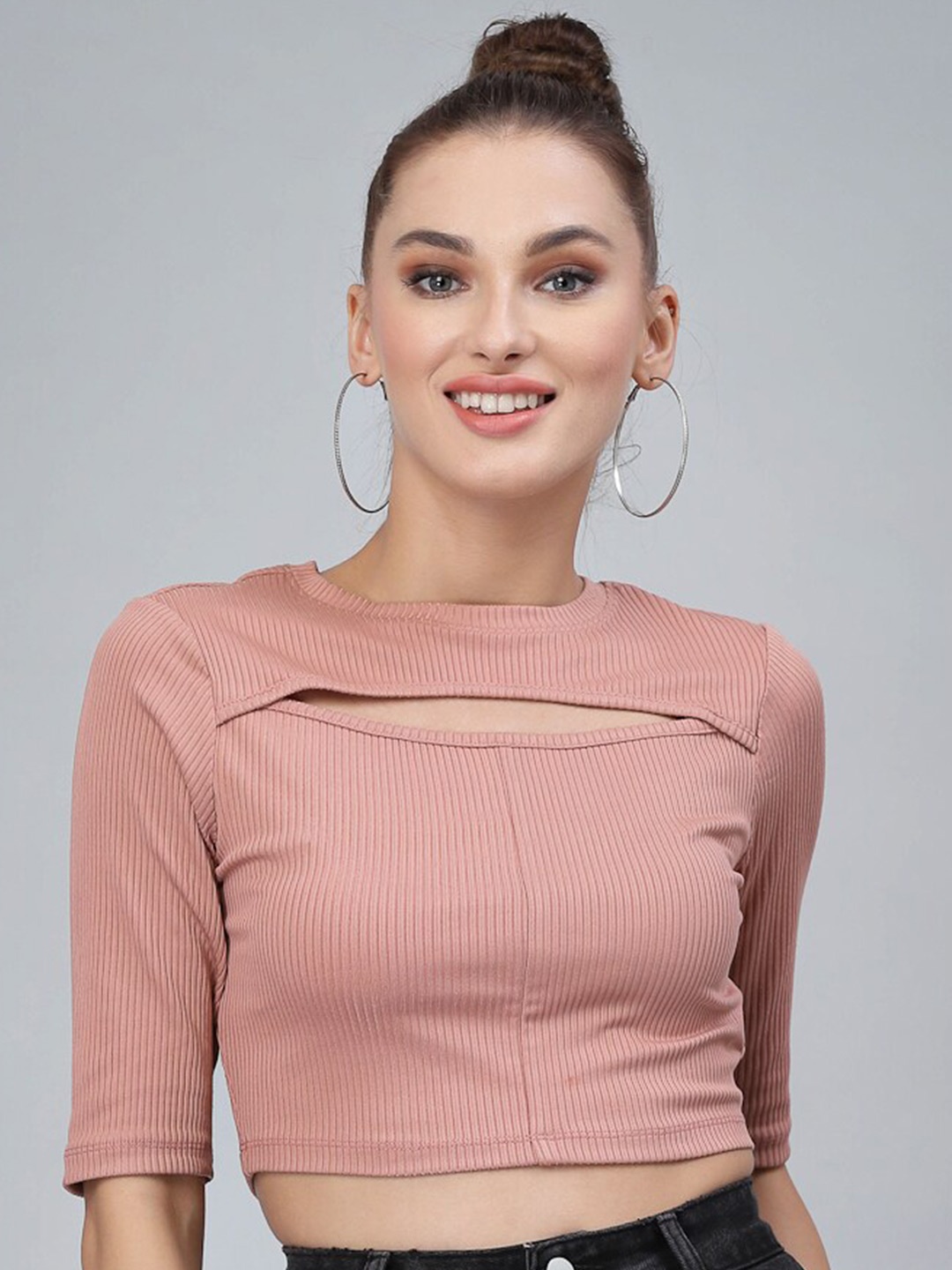 

KASSUALLY Peach-Coloured Ribbed Cut Out Crop Top