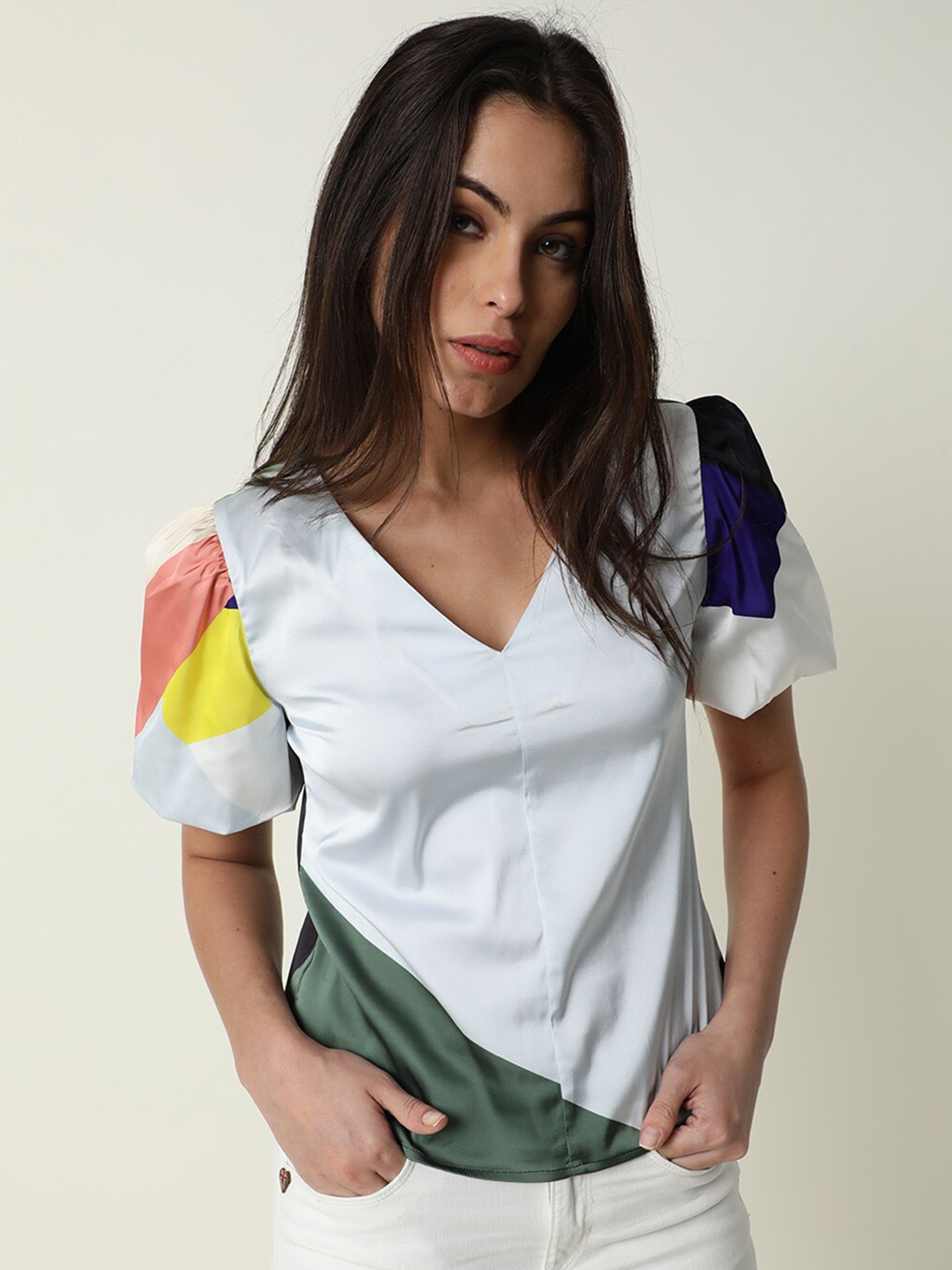 

RAREISM Colourblocked V-neck Regular Top, Multi