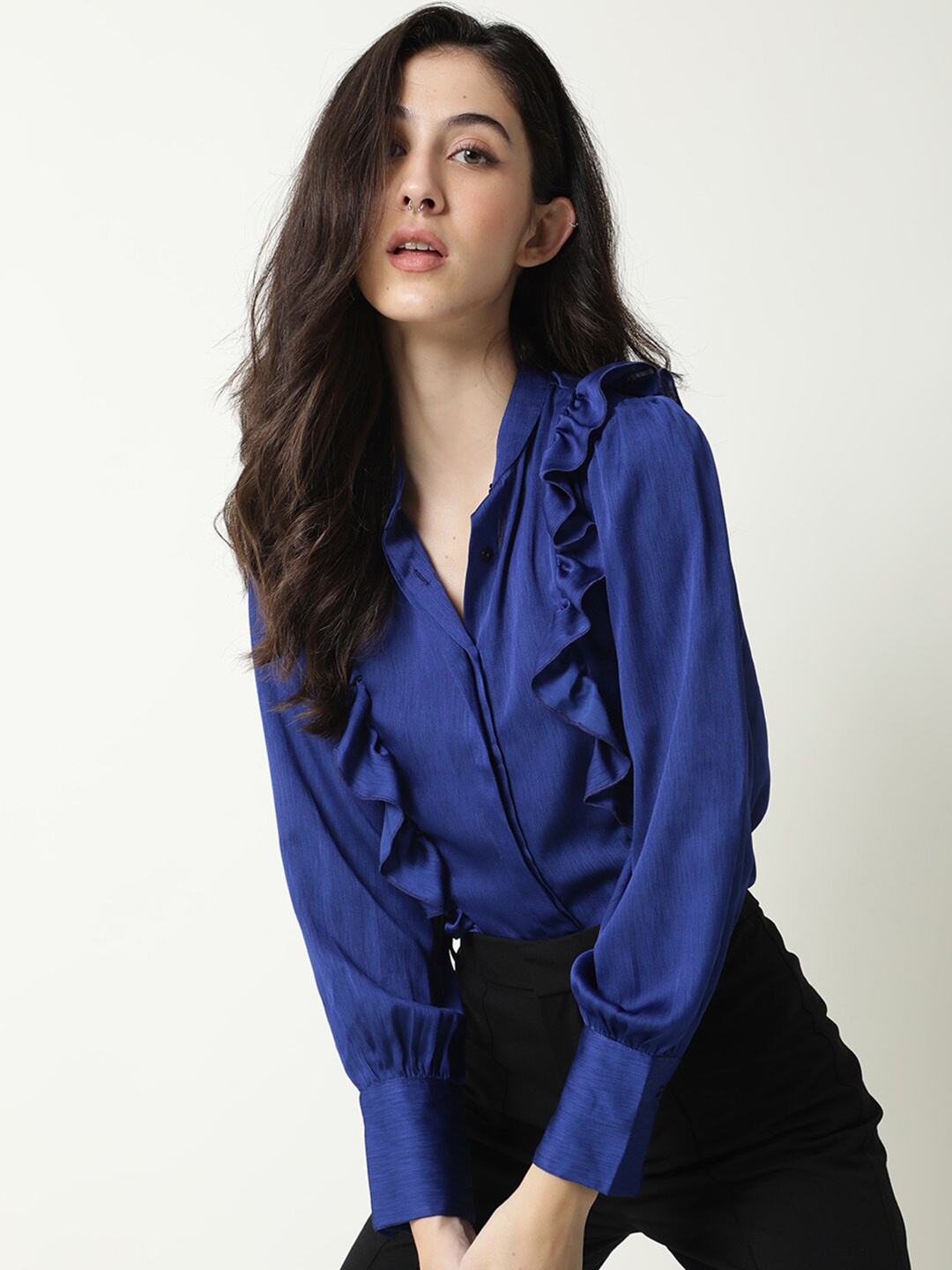 

RAREISM Mandarin Collar Shirt Style Top, Blue
