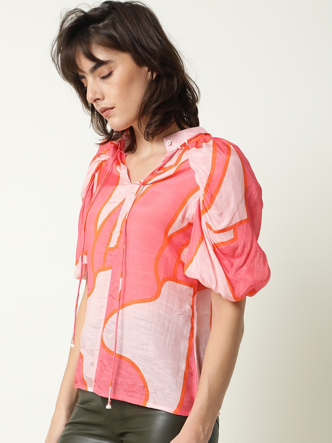

RAREISM Print Tie-Up Neck Top, Pink