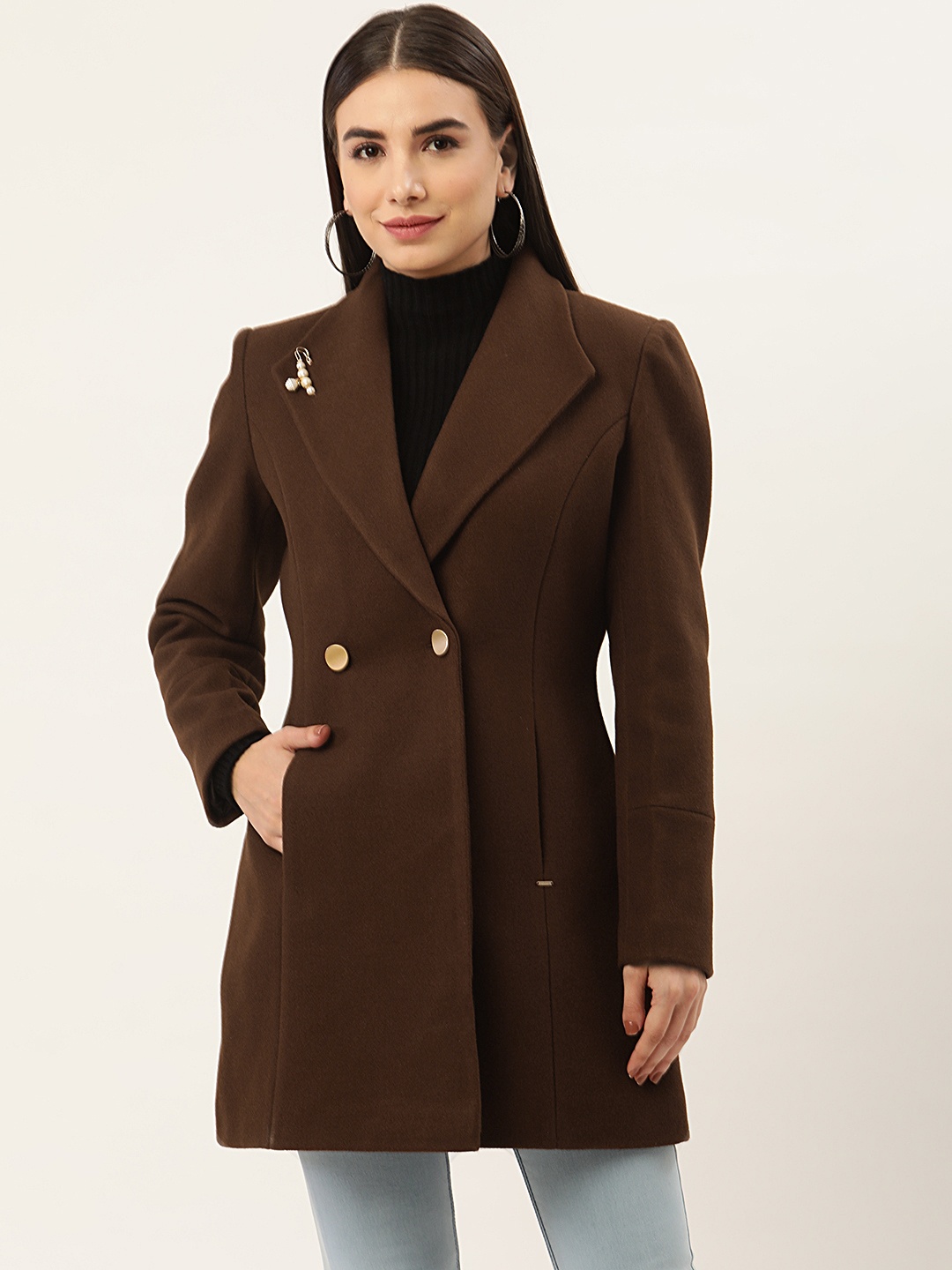

Okane Women Brown Solid Wool Longline Overcoat