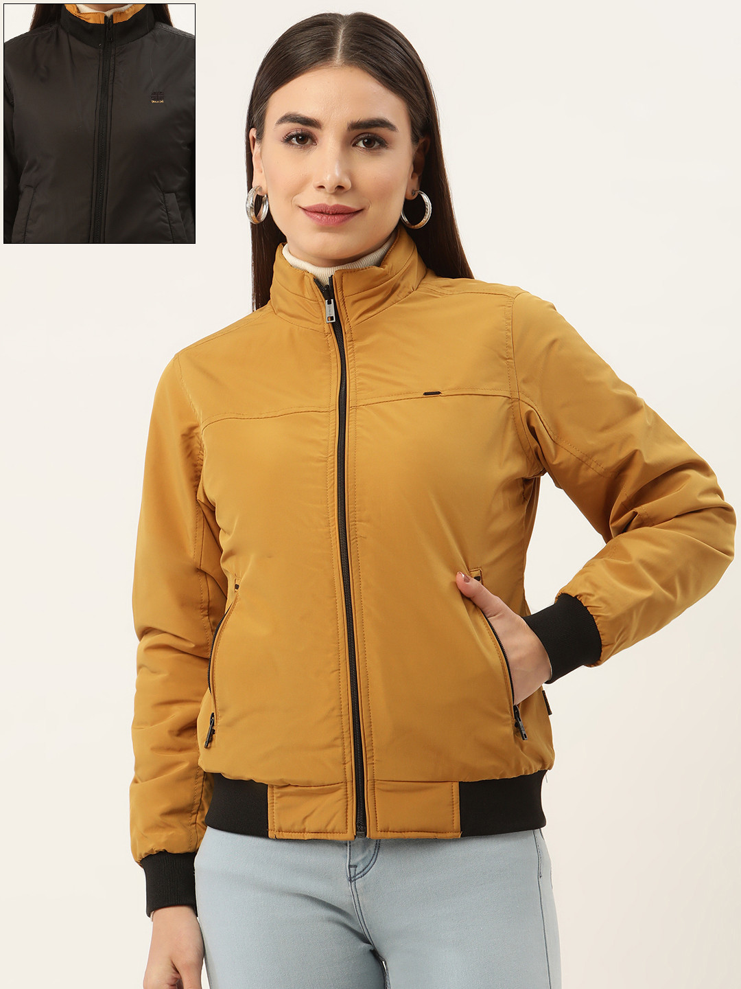 

Okane Women Mustard Yellow & Black Reversible Padded Jacket