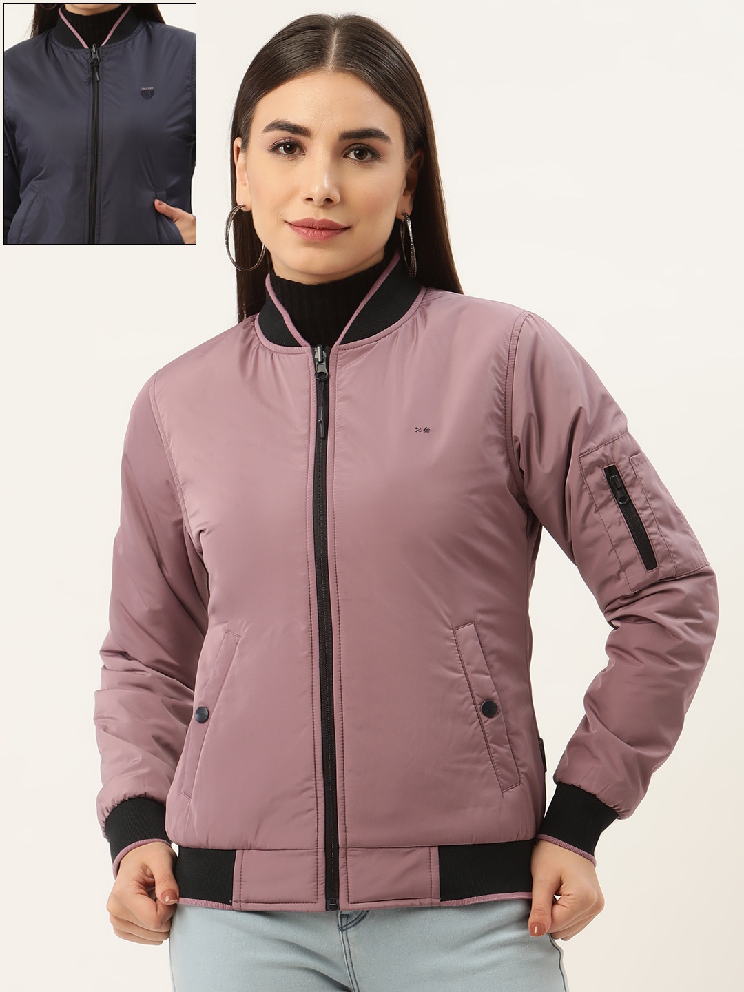 

Okane Women Lavender & Navy Blue Solid Reversible Padded Jacket