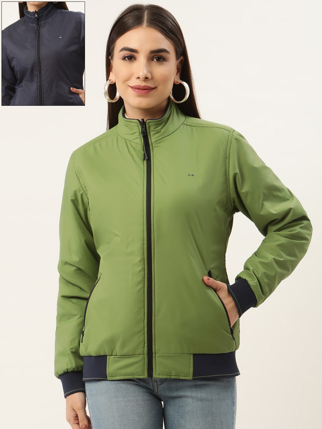

Okane Women Olive Green & Navy Blue Solid Reversible Padded Jacket