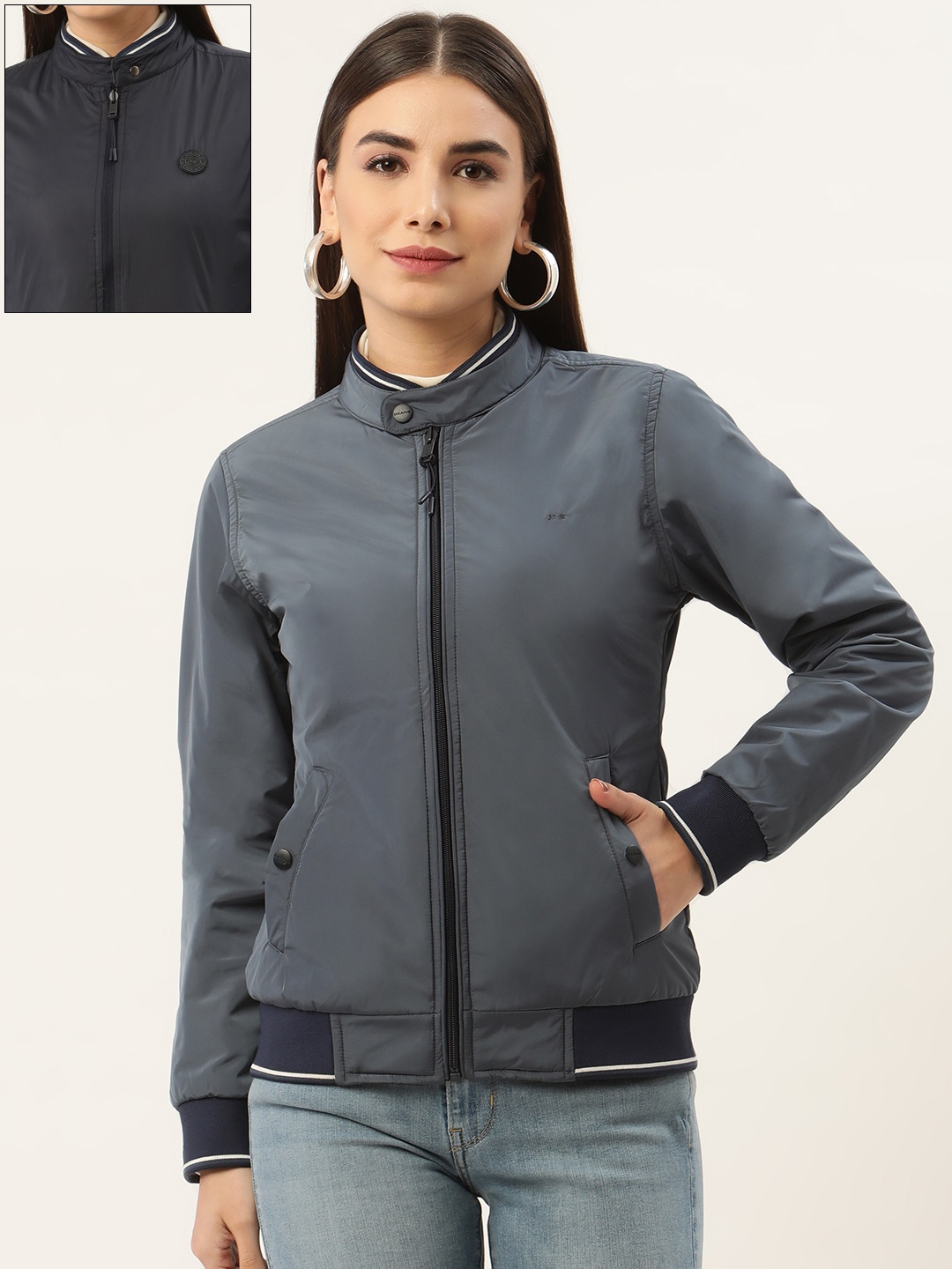 

Okane Women Blue & Grey Solid Reversible Padded Jacket